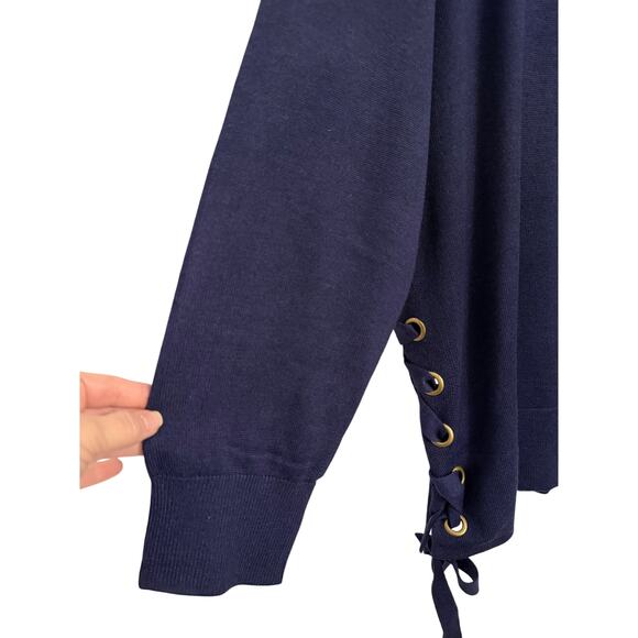 Roaman's NWOT Wool Blend Laced Up Sweater Women's 1X Navy Blue Boho Coastal - Picture 5 of 8